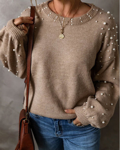 Beaded Long Sleeve Crew Neck Pullover