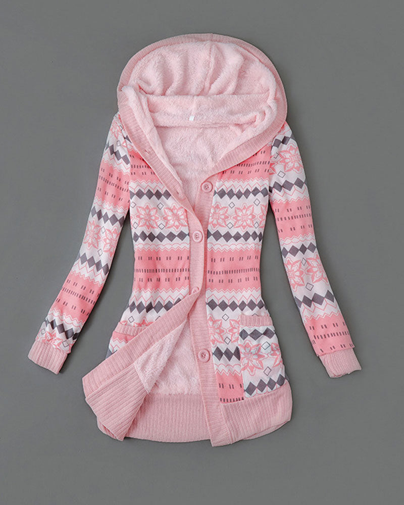 Printed Hooded Button Down Coat