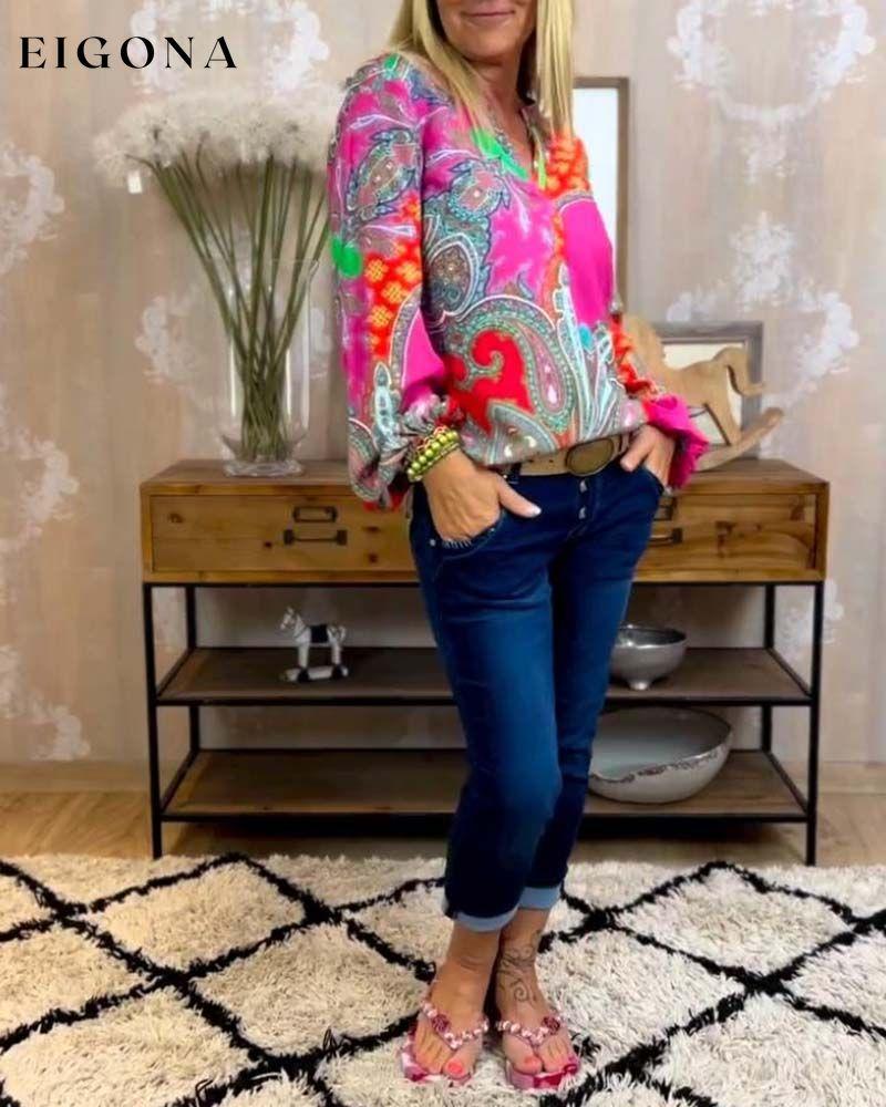 Patchwork printed V-neck long-sleeved top Blouses & Shirts Spring Summer