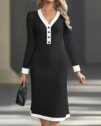 Long Sleeve Contrast Color Elegant Dress
