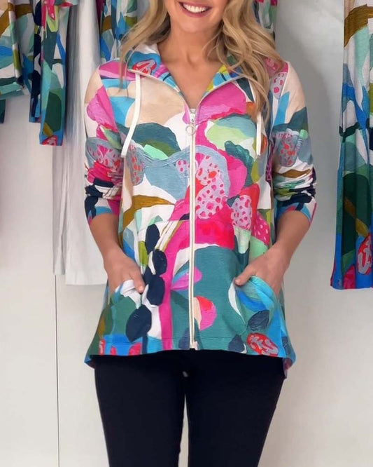 Colorful print lapel casual zip-up jacket