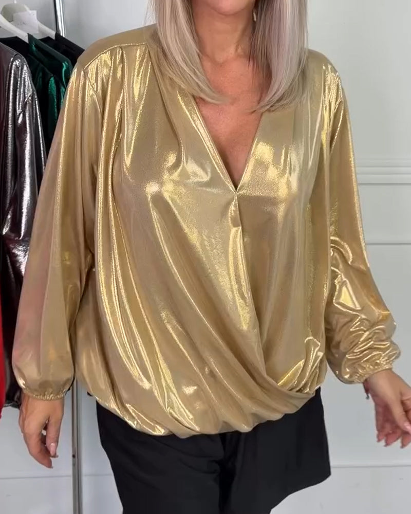 Loose V-Neck Long-Sleeved Top