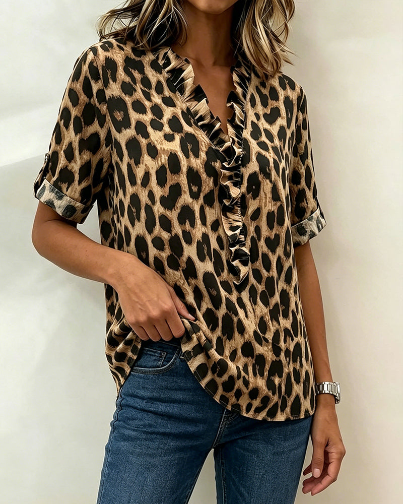 Classic Leopard Print Ruffled Blouse