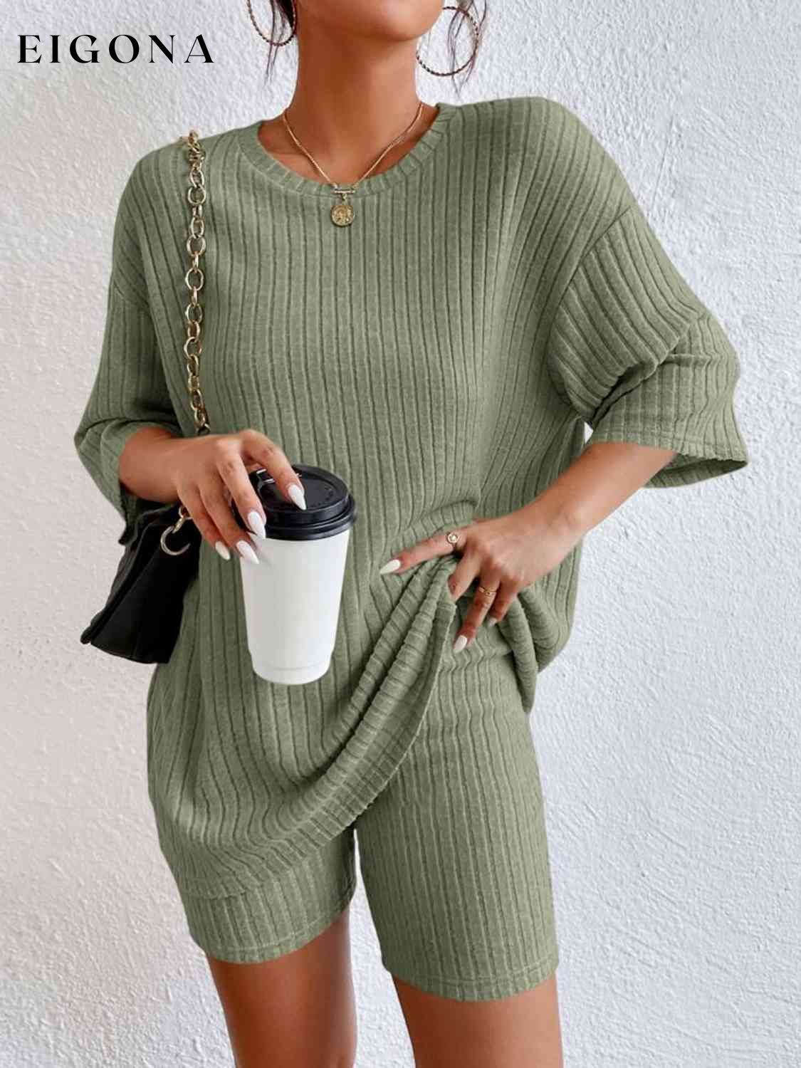 Ribbed Round Neck Top and Shorts Set Gum Leaf 2 pieces clothes pants set set Ship From Overseas Shipping Delay 09/29/2023 - 10/03/2023 sweater set Y@L@Y