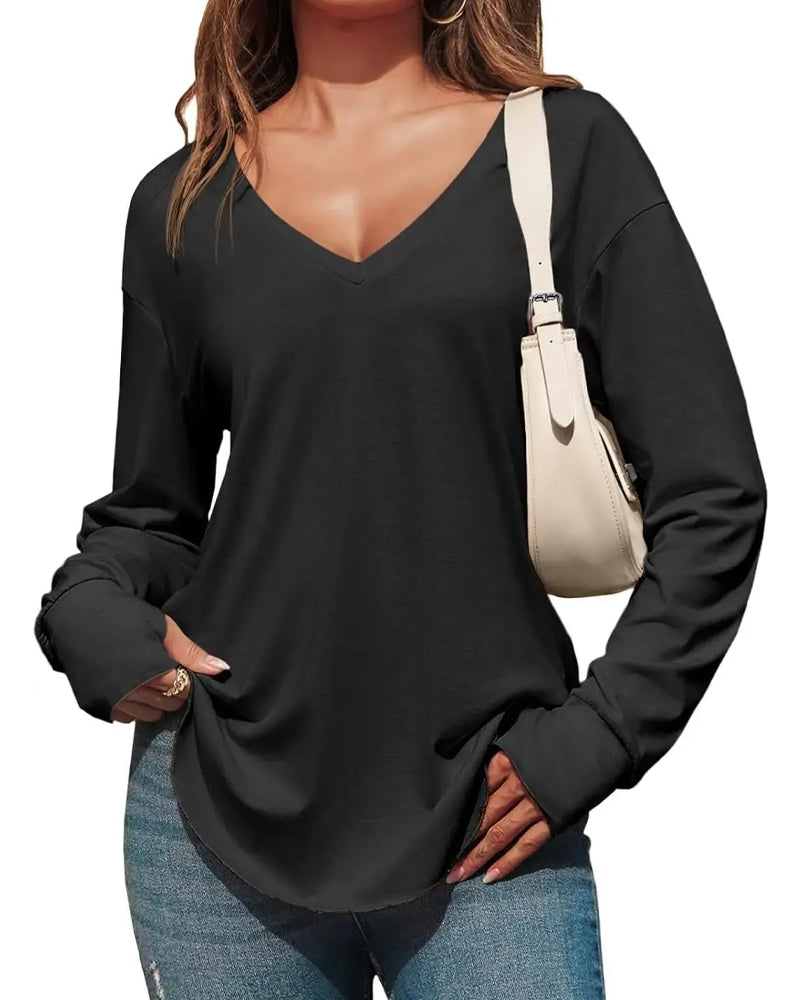 V-Neck Drop-Shoulder Solid Loose-Fit Top
