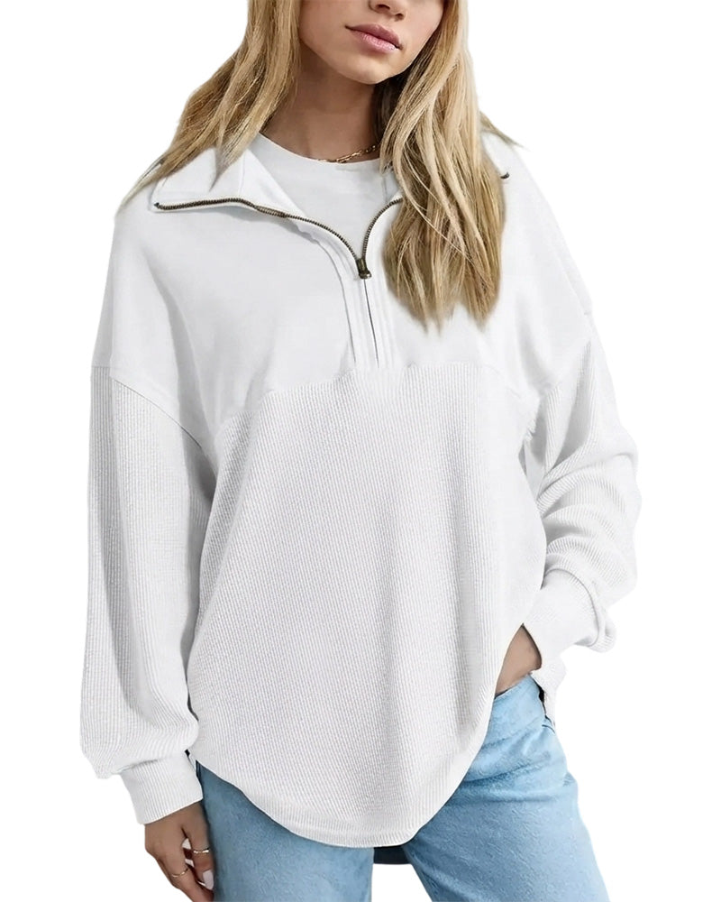 Half Zip Waffle Patchwork Sweatshirt