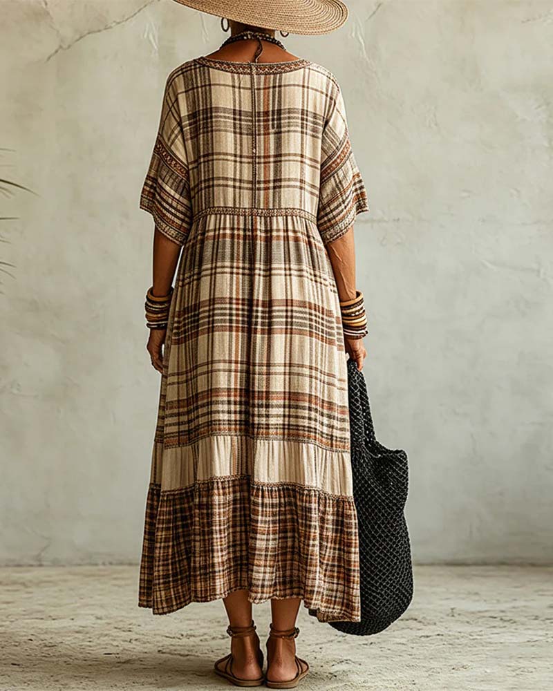 V-Neck Plaid Patchwork Dress