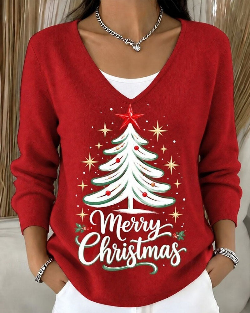Christmas Tree Print Long Sleeve Top 2024 f/w blouses & shirts christmas