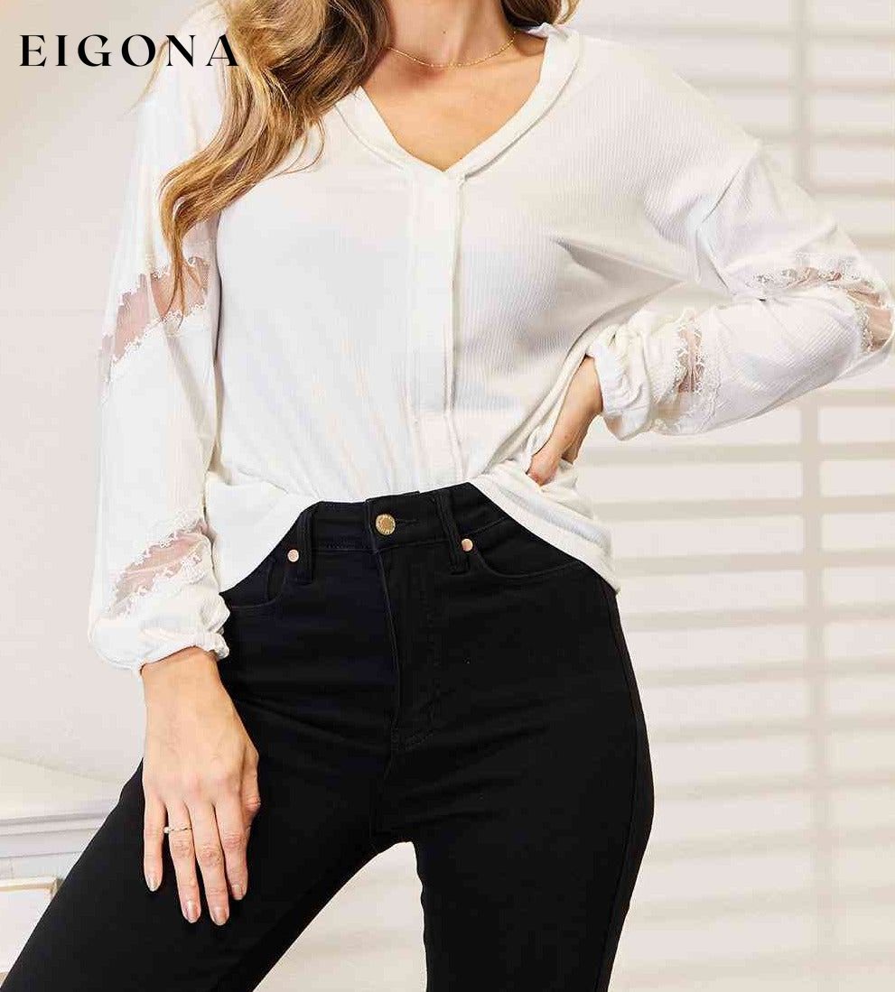 Double Take V-Neck Dropped Shoulder Blouse clothes Double Take long sleeve long sleeve shirts long sleeve top Ship from USA shirt shirts