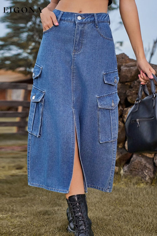 Slit Front Midi Denim Skirt with Pockets Medium clothes Manny Ship From Overseas Shipping Delay 10/01/2023 - 10/03/2023 trend