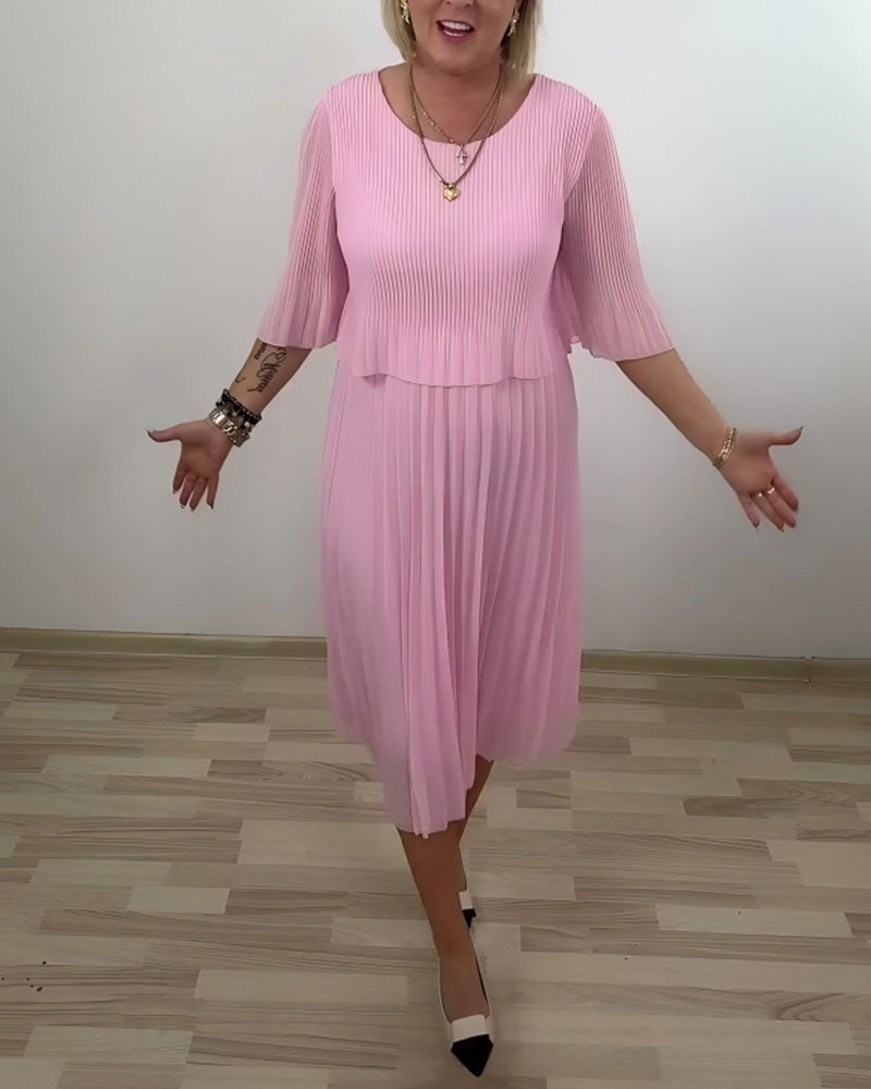 Pleated Mid-Sleeve Dress