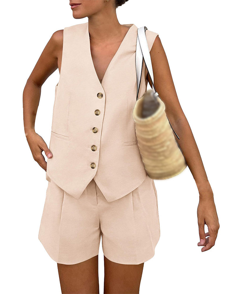 V-Neck Single-Breasted Tank Top Short Set