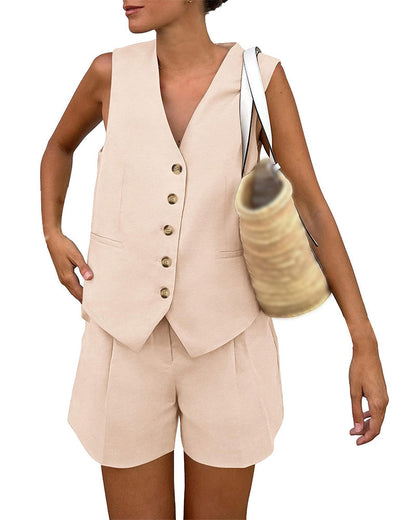 V-Neck Single-Breasted Tank Top Short Set