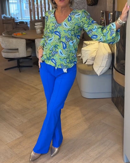 Water Drop Print Long-Sleeved V-Neck Top