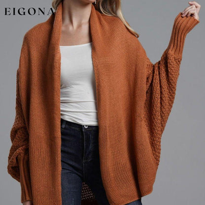 Double Take Sleeve Open Front Ribbed Trim Longline Cardigan Brick One Size cardigan cardigans clothes Double Take Ship From Overseas sweaters
