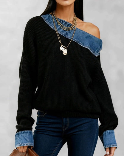 Off-Shoulder Denim Patchwork Top