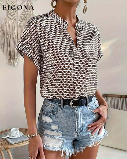 Houndstooth print v-neck elegant short sleeve top blouses & shirts summer