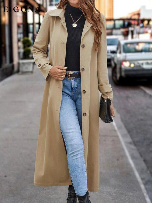 Collared Neck Button Front Long Trench Coat Tan Bigh clothes Jacket Jackets & Coats Ship From Overseas