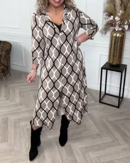 Lapel Buttoned Geometric Print Dress