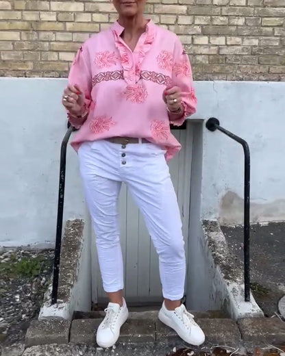 Lace Long-Sleeved Printed Blouse