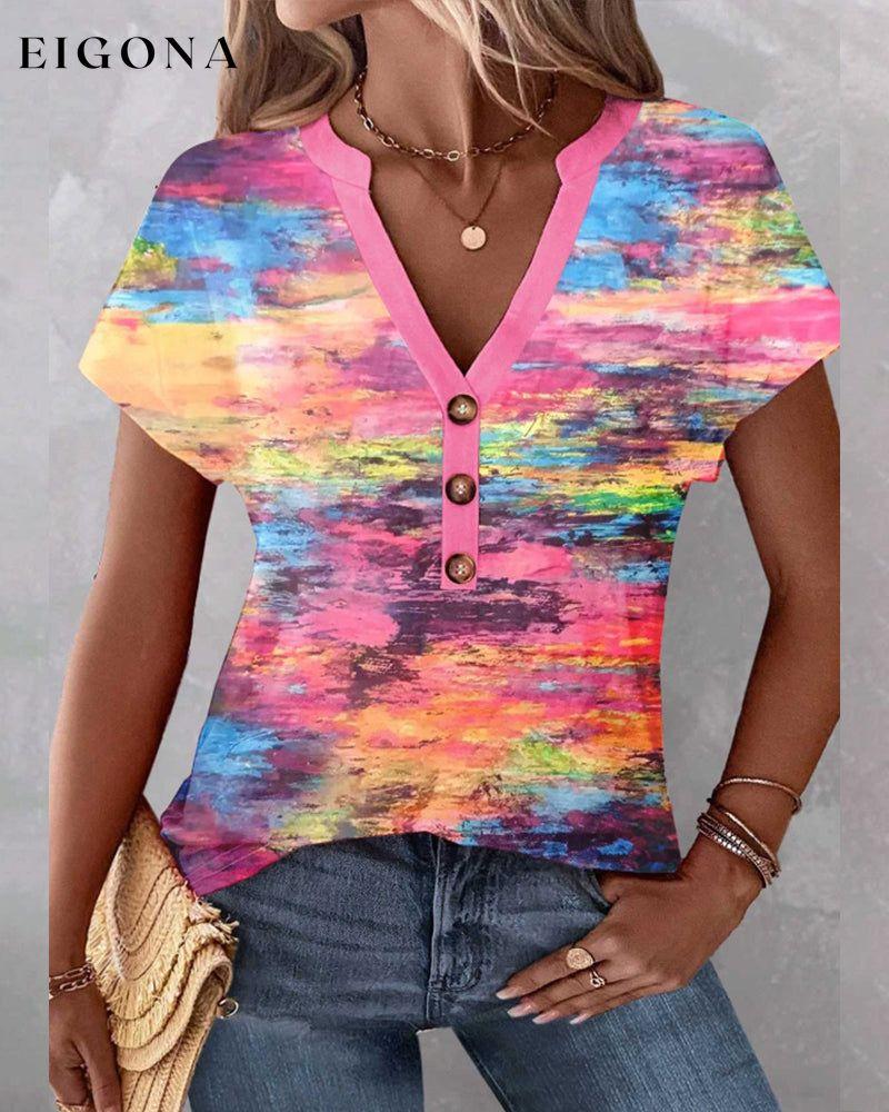 Colorful V-neck short-sleeved buttoned T-shirt spring summer T-SHIRTS
