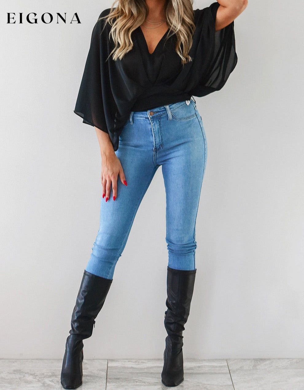 Black V Neck Flared Sleeves Crop Top clothes crop top crop tops cropped cropped top croptop long sleeve top Occasion Daily Print Solid Color Season Summer shirt shirts top tops