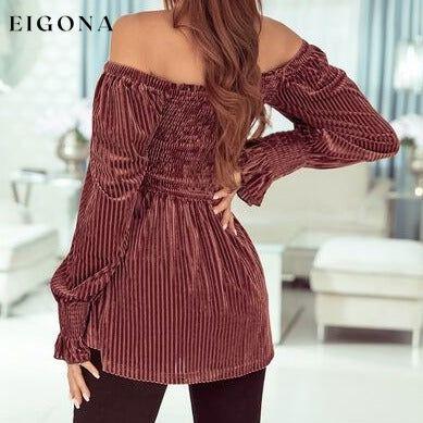 Womens Off The Shoulder Long Sleeve Velvet Top Smocked Lantern Sleeve Peplum Blouse Clothes long sleeve shirt long sleeve shirts long sleeve top long sleeve tops Ship From Overseas shirt shirts SYNZ top tops Tops/Blouses