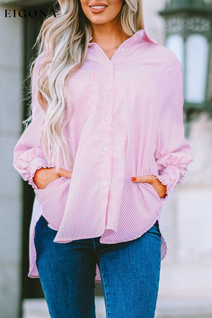 Pink Smocked Cuffed Striped Boyfriend Shirt with Pocket All In Stock button down womens clothes Color Pink Craft Smocked DL Exclusive Early Fall Collection long sleeve shirts long sleeve top Occasion Daily Print Stripe Season Spring Stripe tops Style Modern tops