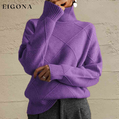 Geometric Turtleneck Long Sleeve Sweater Dusty Purple clothes Ship From Overseas X@M
