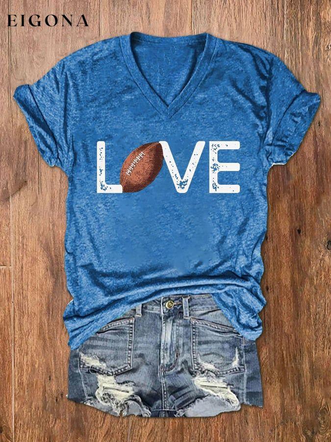 Women's Love American Football Print V-Neck T-Shirt ball print