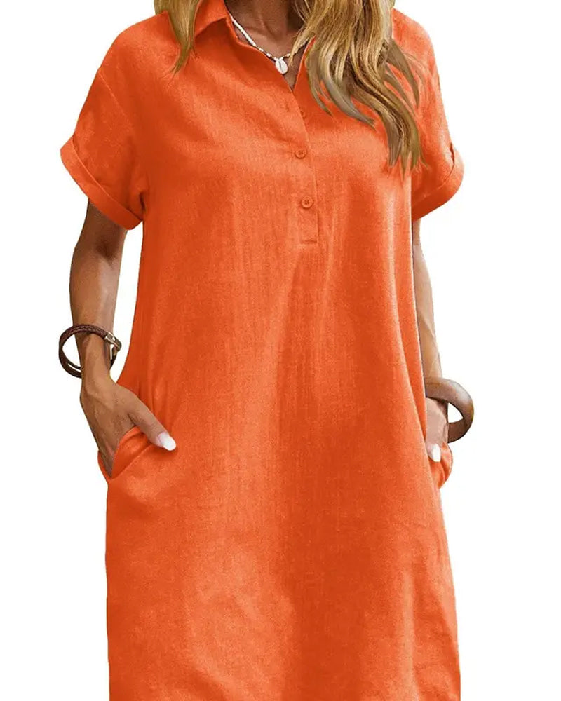 Lapel Button Split Short Sleeve Casual Dress casual dresses spring summer