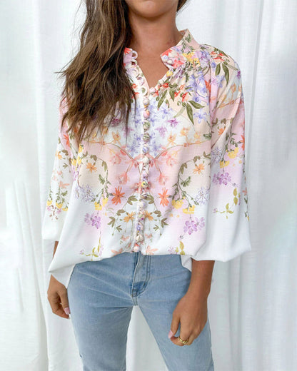 Floral print lantern sleeve button blouse 202466 blouses & shirts spring summer