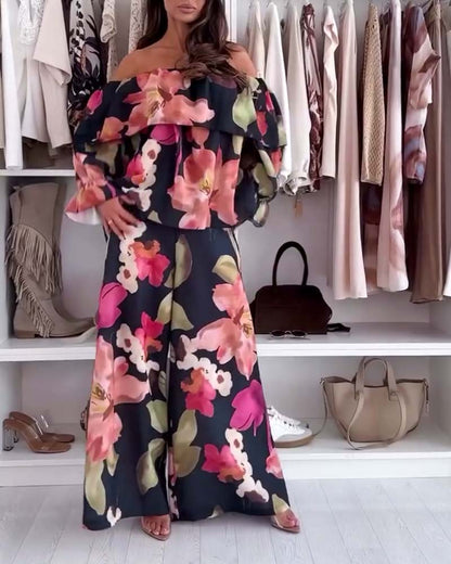 Off-Shoulder Printed Casual Suit