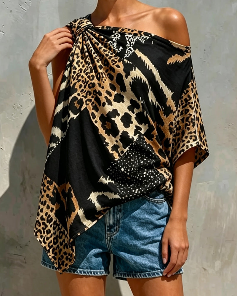 Leopard Print Patchwork One Shoulder Blouse