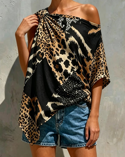 Leopard Print Patchwork One Shoulder Blouse