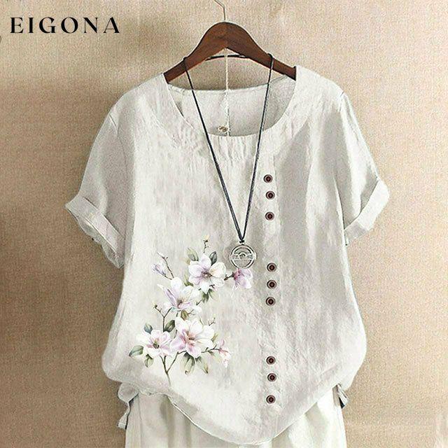 【Cotton and Linen】Casual Floral Print Blouse White best Best Sellings clothes Cotton and Linen Plus Size Sale tops Topseller