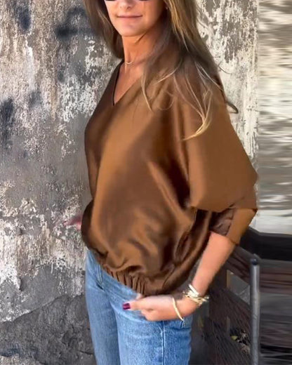 Batwing Sleeve Solid Color Casual Blouse