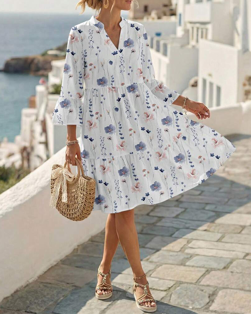 V-Neck Floral Print Midi Dress