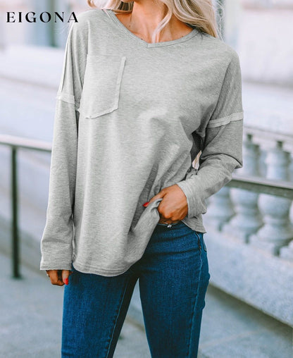 Gray Pocketed Oversized Drop Sleeve Top All In Stock clothes Craft Patchwork DL Exclusive Hot picks long sleeve shirts long sleeve top Occasion Daily Season Fall & Autumn Style Casual tops