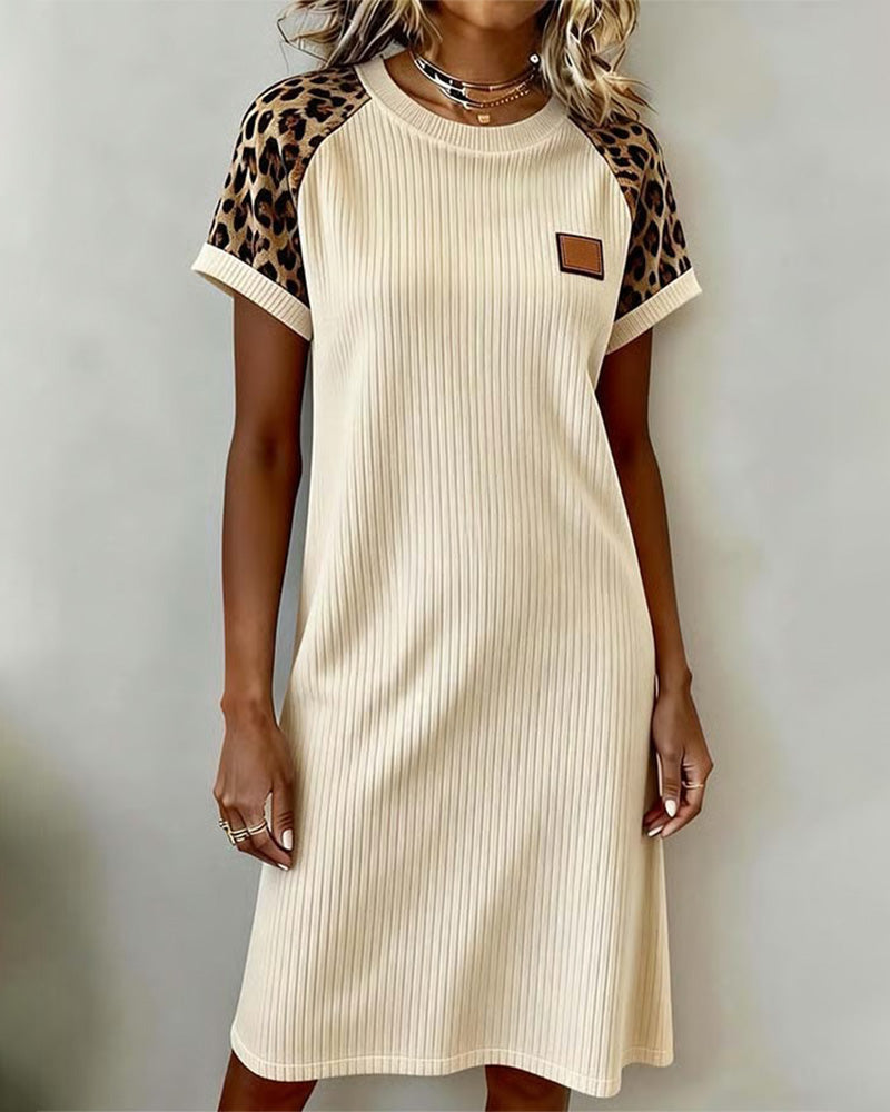 Round-Neck Leopard Print Color-Block Dress