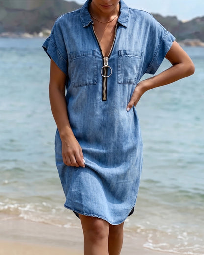 Half-Zip Denim Straight Dress