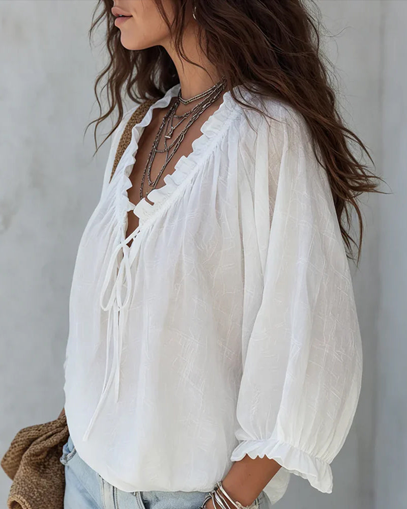 V-neck Lace Up Blouse