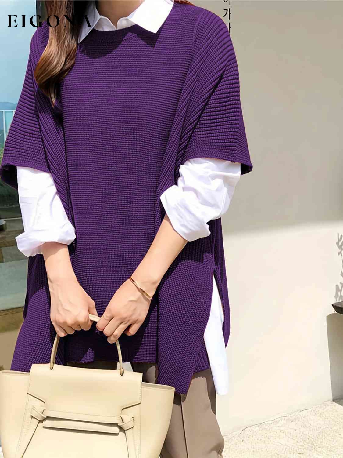 Plus Size Round Neck Slit Short Sleeve Sweater clothes M@Z@L Ship From Overseas