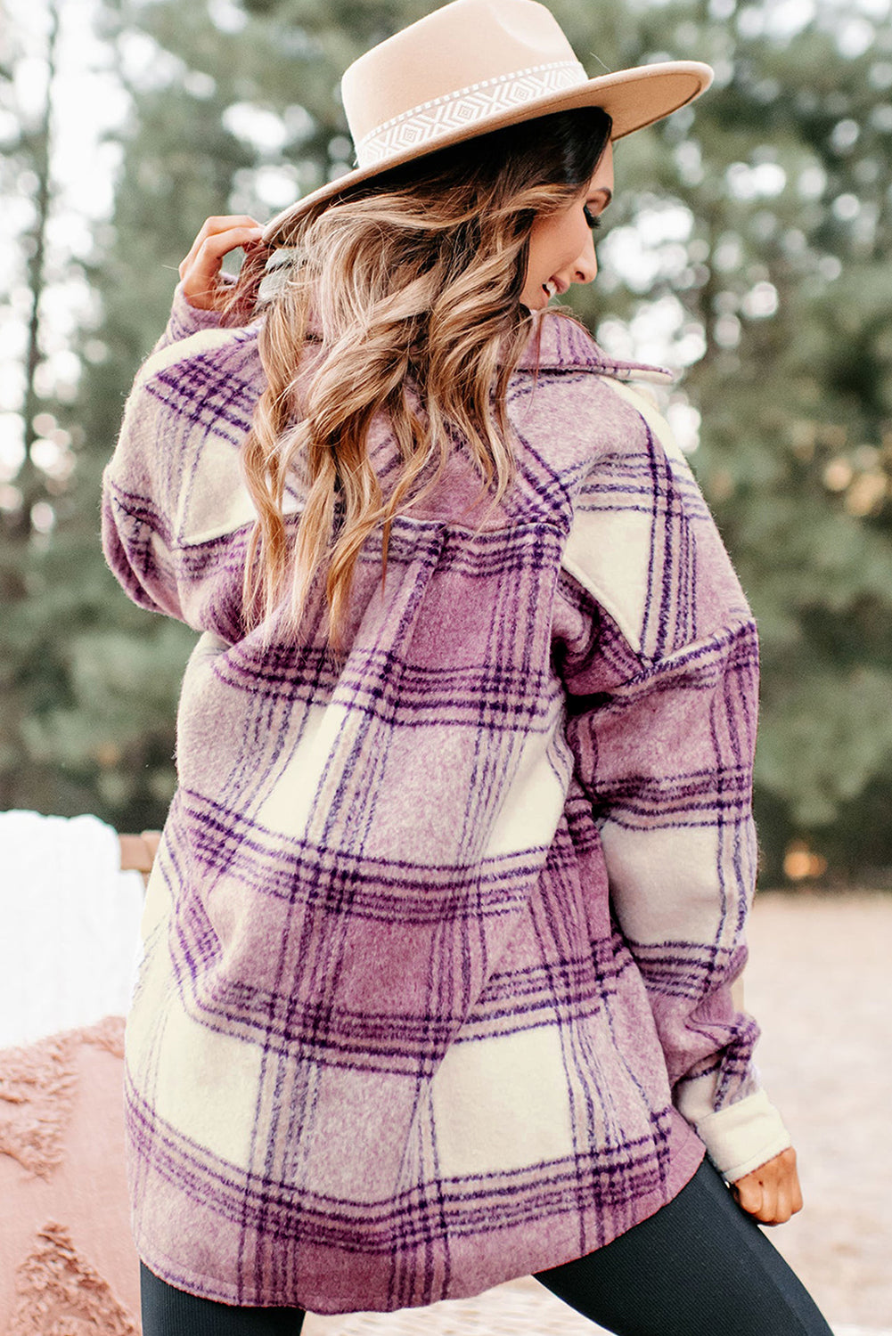 Plaid Double Chest Pockets Fleece Shacket All In Stock Category Shacket clothes Color Purple EDM Monthly Recomend Hot picks Occasion Daily Print Plaid Season Winter Style Southern Belle