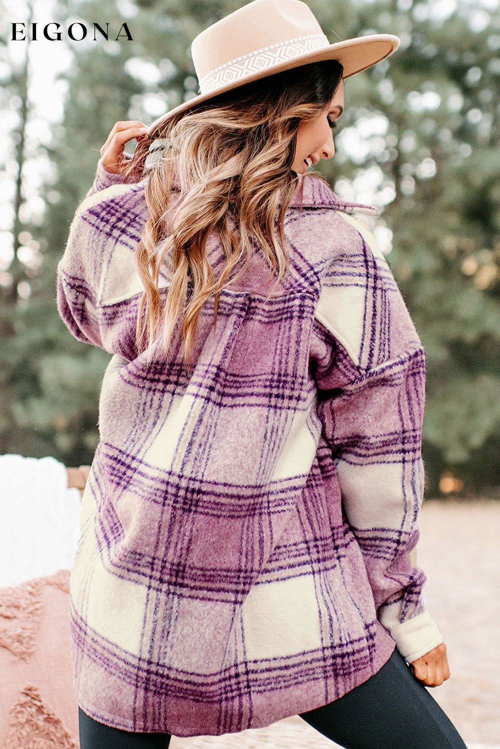 Plaid Double Chest Pockets Fleece Shacket All In Stock Category Shacket clothes Color Purple EDM Monthly Recomend Hot picks Occasion Daily Print Plaid Season Winter Style Southern Belle