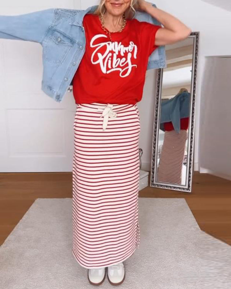 Casual Letter Print Striped Skirt Set
