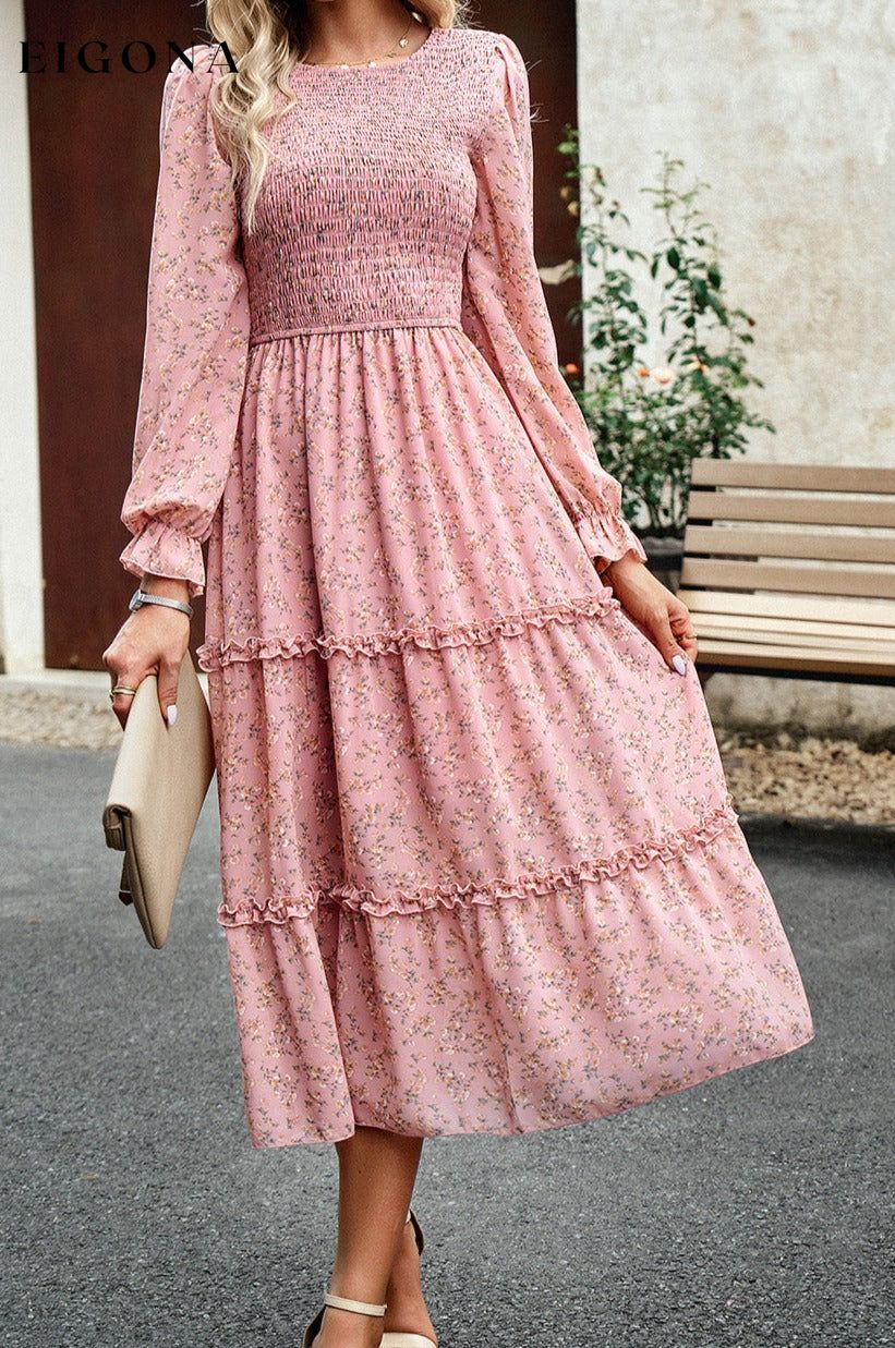 Smocked Flounce Sleeve Midi Dress clothes DY Ship From Overseas trendsi