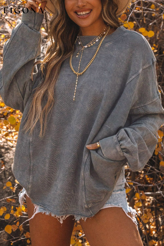 Gray Exposed Seam Twist Open Back Oversized Sweatshirt Gray 80%Polyester+20%Cotton All In Stock Best Sellers clothes Craft Patchwork Craft Washed Early Fall Collection long sleeve shirts long sleeve top Occasion Daily Print Solid Color Season Winter Style Casual Sweater sweaters Sweatshirt