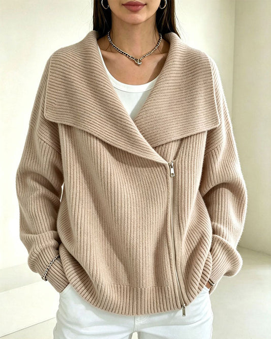 Large Lapel Diagonal Zipper Cardigan