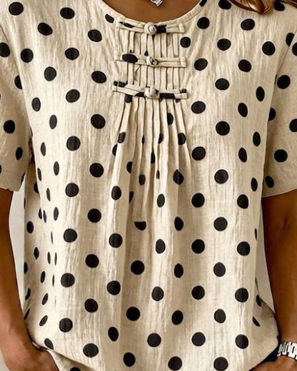 Polka Dot Frog Button Short Sleeve Blouse
